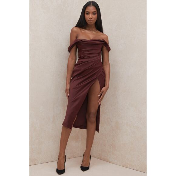 House of CB Burgundy Off-Shoulder Wedding Dress - Picture 2 of 5